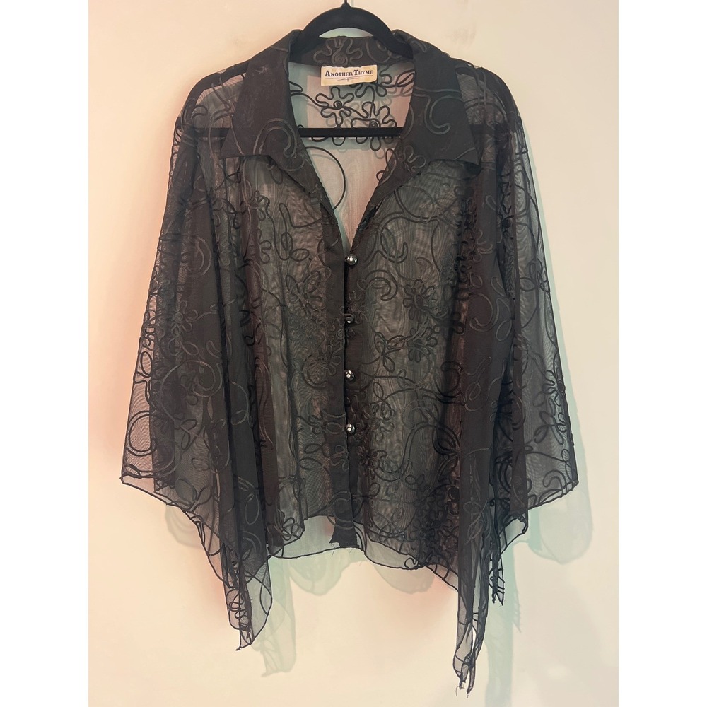 Another Thyme Vintage Black Witchy Sheer Floral Embroidered Blouse Top Goth